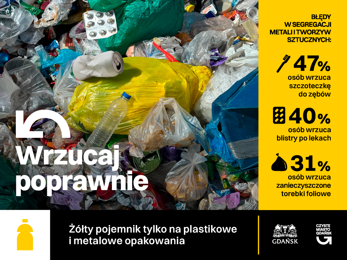 Plakat zachęcający do poprawnej segregacji metali i tworzyw sztucznych.